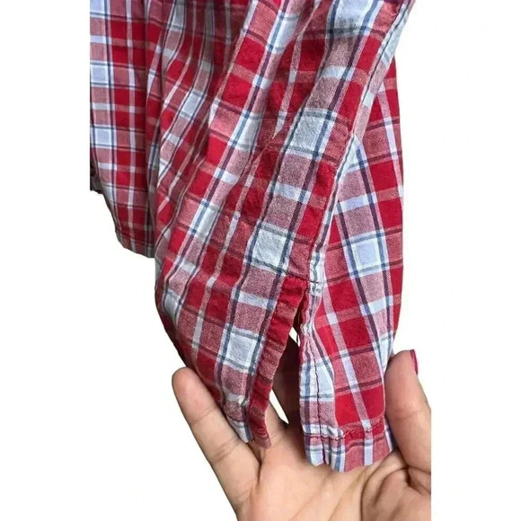 Bugle Boy Vintage Men's Large Plaid Denim Pocket Hawaiian Flowers Shirt 90s - Picture 3 of 9